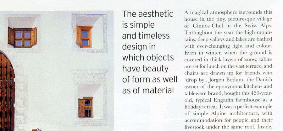 Tucking a top-aligned pull quote in between a photo and a text column is easily noticed. Food and Wine magazine.