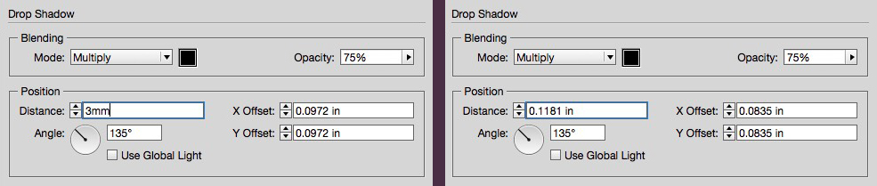Value entered in millimeters (left) is converted to inches by InDesign.