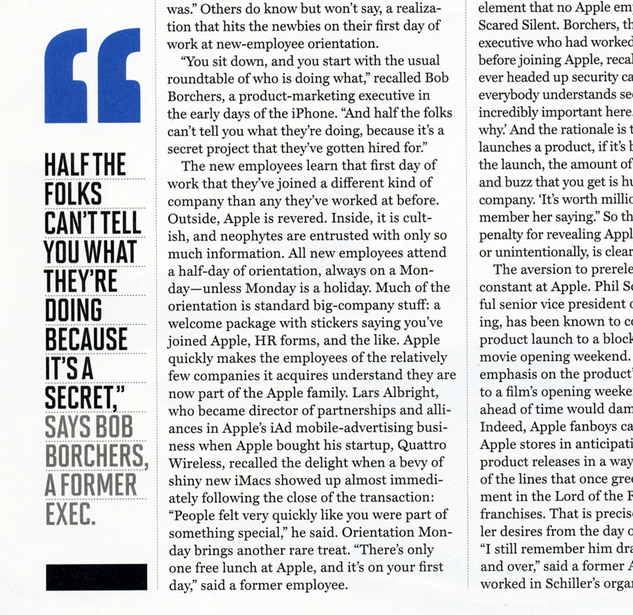 Oversized blue open quotes followed by two-toned, all cap text make for an exciting contrast to the dense text. Fortune magazine.