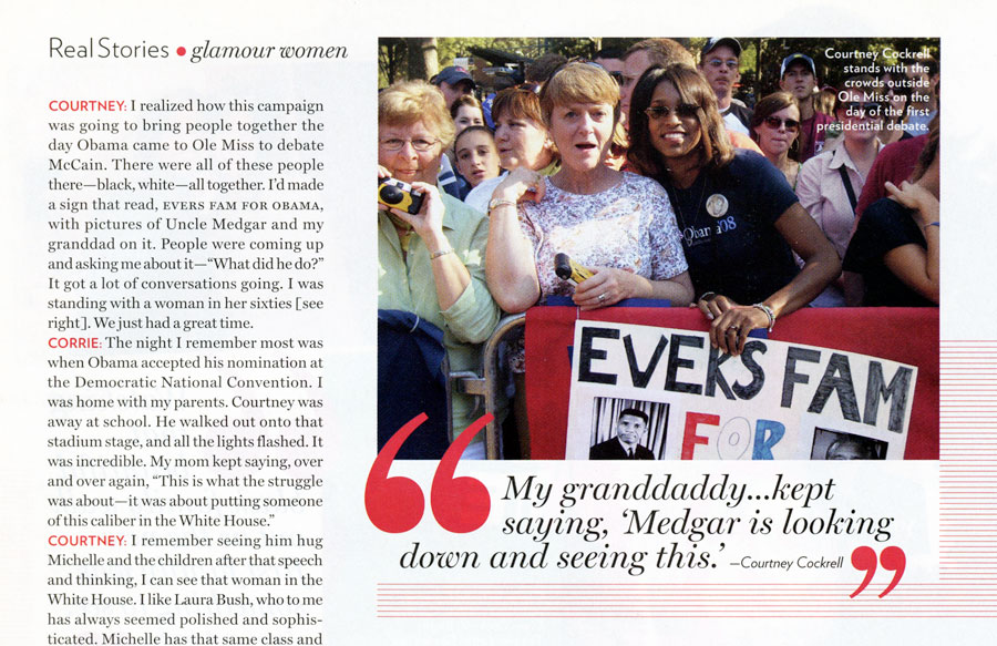 This pull quote is closely integrated with the photo of its author. Glamour magazine.