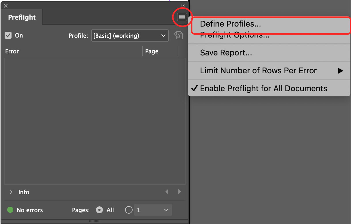 InDesign Preflight panel indicating Define Profiles menu