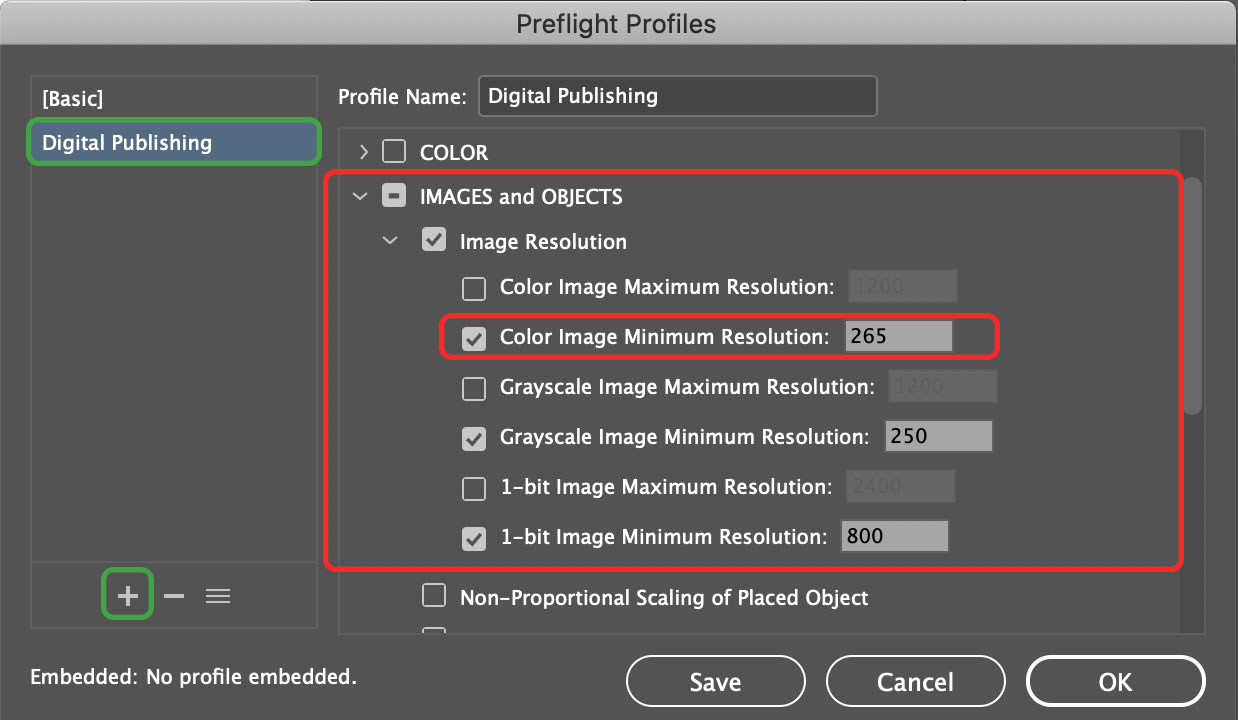 InDesign Define Profiles menu