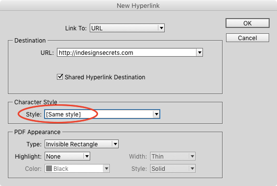 InDesign new hyperlink dialog box same style