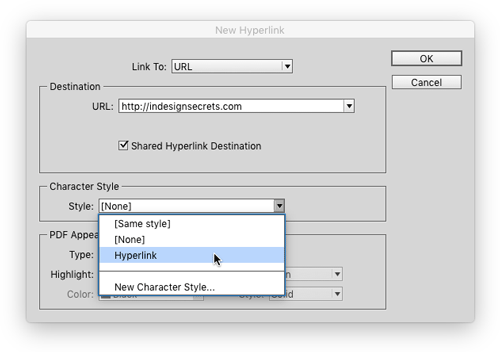 InDesign new hyperlink dialog box style