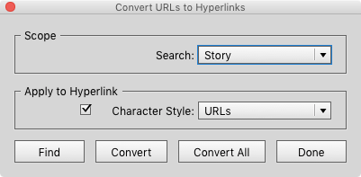 InDesign Convert URLs to Hyperlinks dialog box