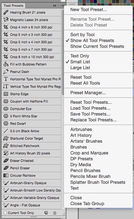 Tool Presets panel and panel menu.