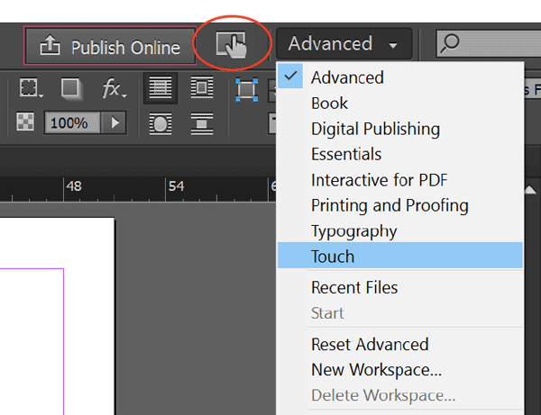 InDesign Touch Workspace toggle button