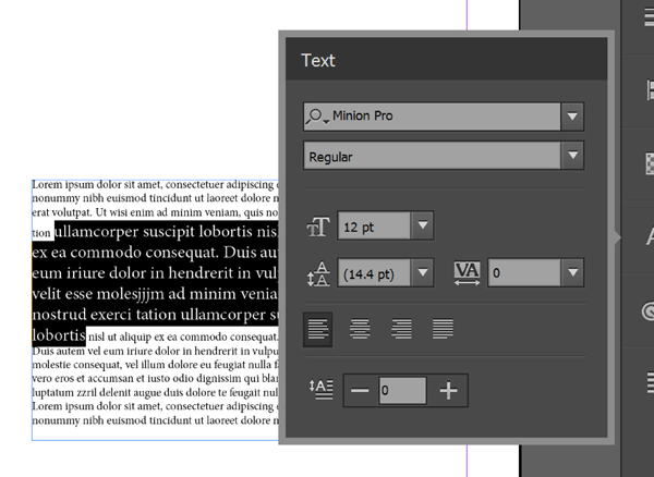 InDesign Touch Workspace Text menu
