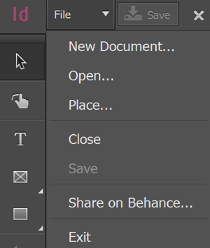 InDesign Touch workspace file menu
