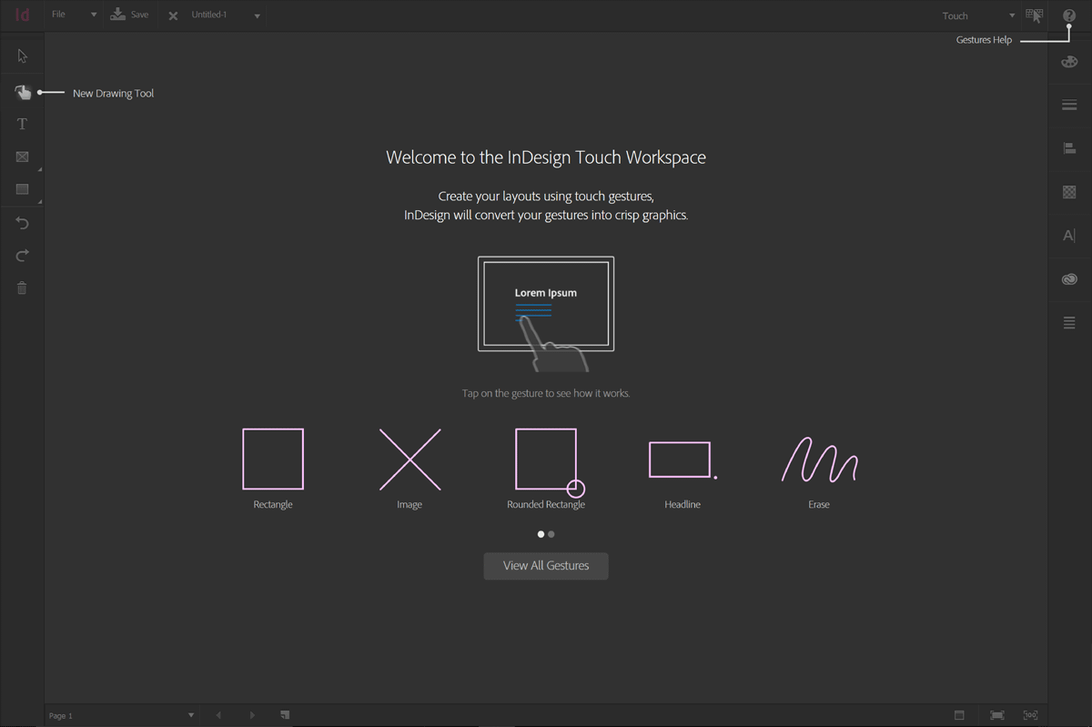 InDesign Touch Workspace welcome screen