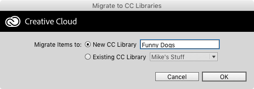CC Library Migrate dialog box