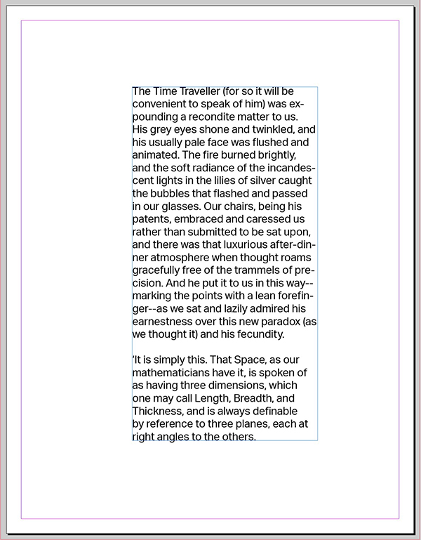 The same text frame with text removed. The frame is reduced in height and width to fit the new text.