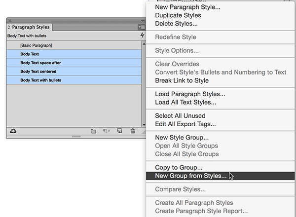 Creating a new style group from the selected styles.
