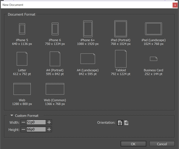 InDesign Touch Workspace New Document dialog box