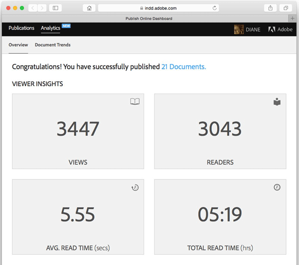 Figure 9: The Web Dashboard Publications page (left) lists all your published documents, which you can view or delete. The Analytics page (right) shows combined statistics for all your published documents.