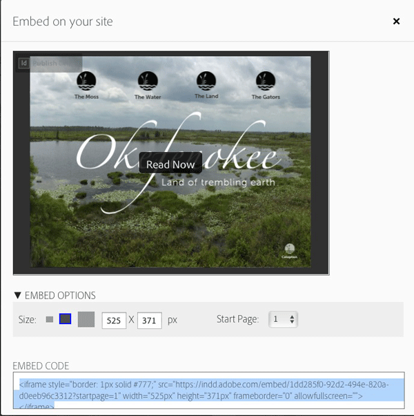 Figure 12: Embed options allow you to set the size and start page for the document as it will appear on your web page, along with the necessary embed code.