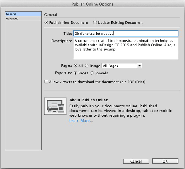 General options let you update an existing document, set the title and description, a page range, and allow a PDF of the document to be downloaded.
