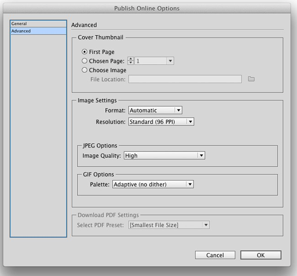 Figure 5: Advanced options let you choose a cover thumbnail, image export settings, and a PDF preset (if you are allowing readers to download a PDF of the document).
