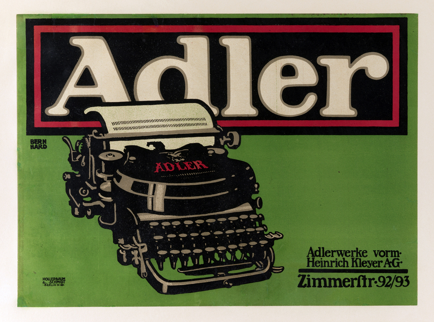 Adler poster with large white lettering and drawing of typewriter on green background