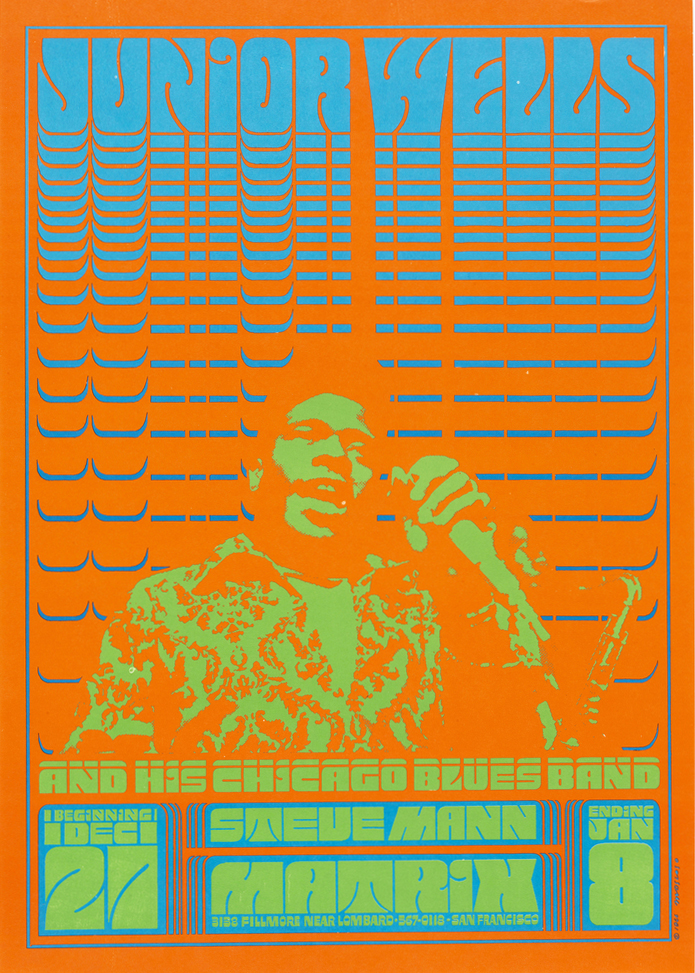 Junior Wells poster with neon blue and green text and neon green man holding microphone on orange background