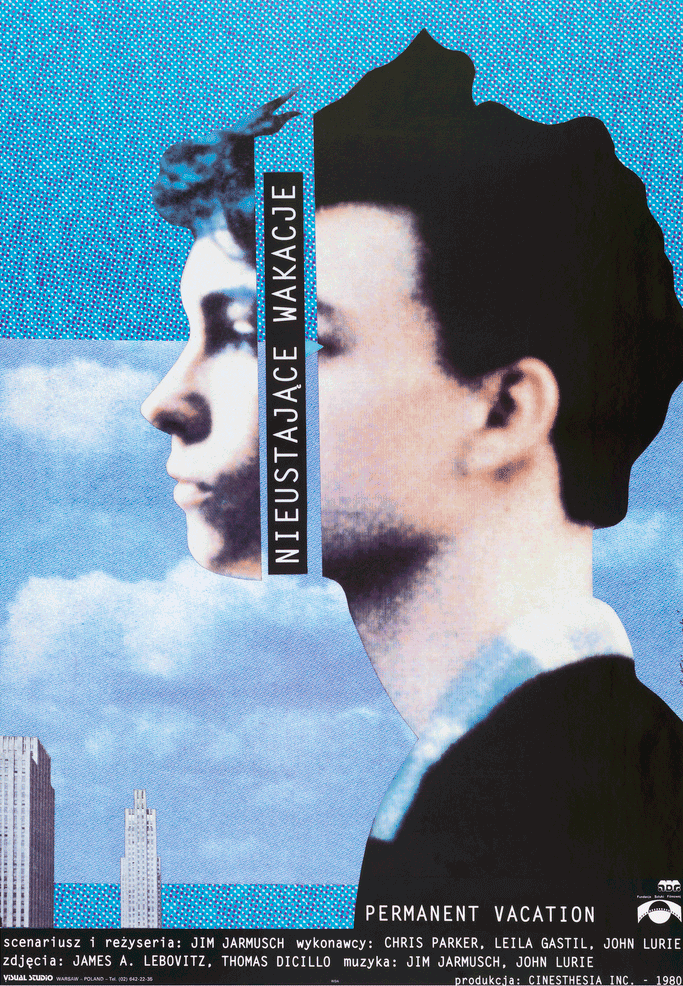 Collage movie poster with large profile photograph of a man with clouds and buildings in the background