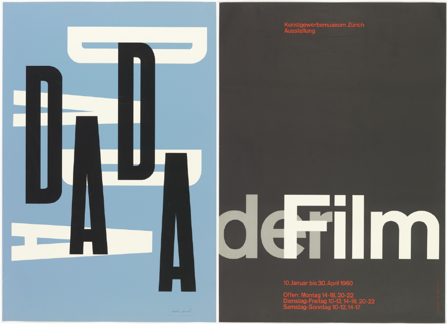 Two posters showing large, overlapping text on solid colored backgrounds