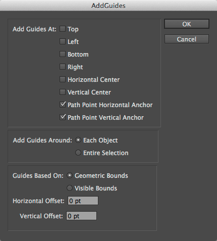 Figure 3: AddGuides dialog box. Select the circled options to draw a pair of guides through every path point in a path.