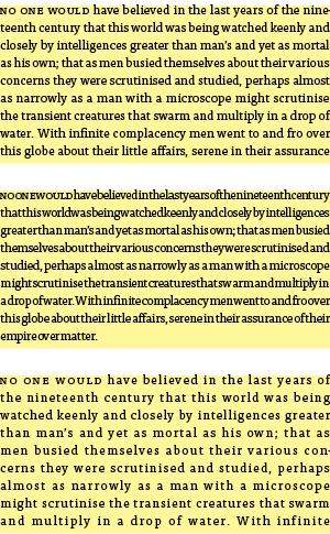 Figure 1: The same text with letterspacing “just right” (top), too tight, and too loose.