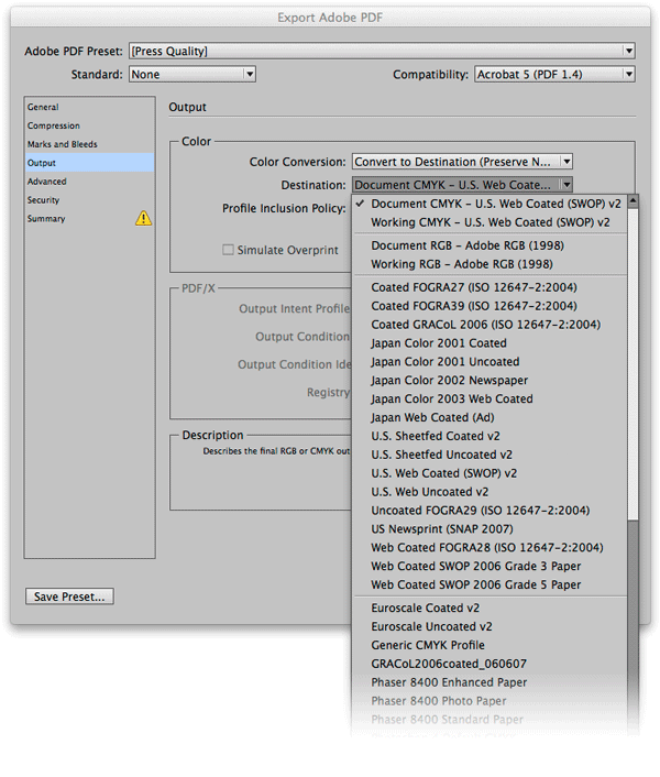 Figure 1: To convert RGB content to CMYK during export to PDF, set Color Conversion to “Convert to Destination (Preserve Numbers)” and set the Destination to the appropriate printing environment. If the printer provides a custom profile, import that and use it as the target.