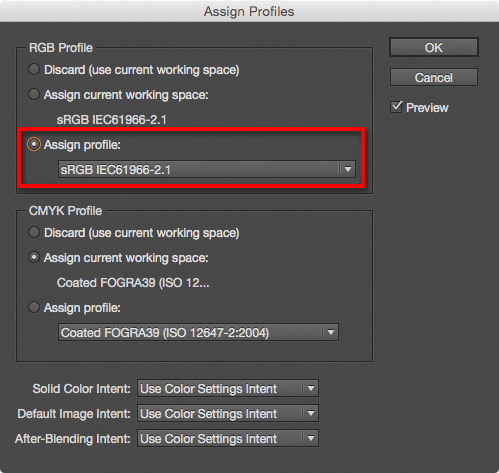 Figure 11: The RGB document profile assigned to this InDesign document (in Edit srcset=