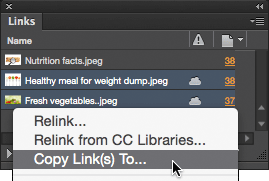 Figure 15: To save library-linked Adobe Stock images locally, right-click one or more of them in the Links panel, and choose Copy Links To.