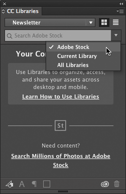 Figure 2: You can add Adobe Stock graphics or your own content to the CC Libraries panel, which is accessible from other InDesign documents and CC applications.