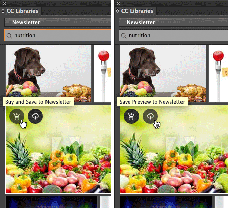 Figure 4: To download a preview to your CC Libraries panel, click the second icon. Click the first icon only when you’re ready to buy an image license.