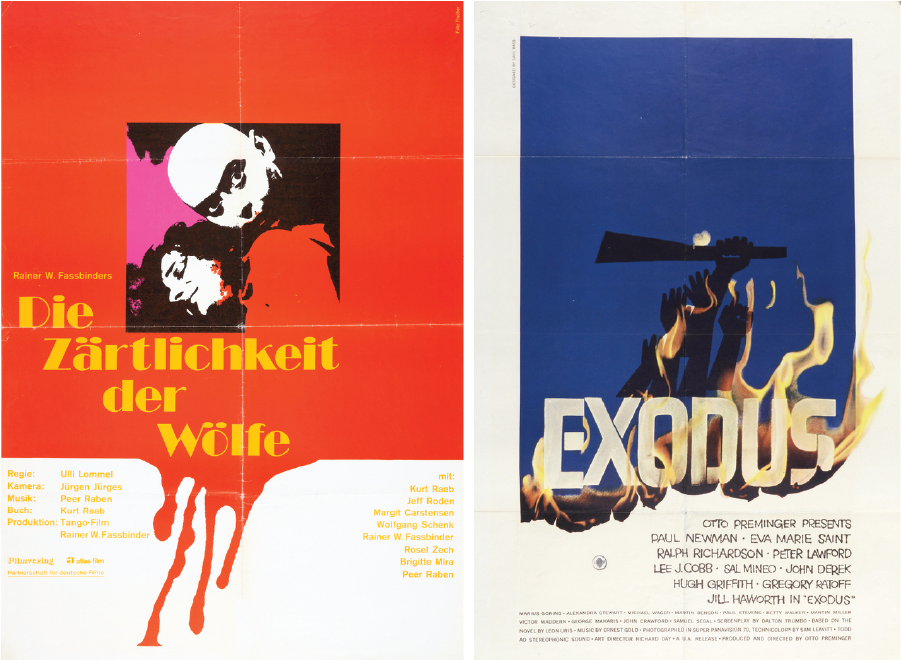Left photograph of man and woman on red background that is dripping onto white background. Right photograph of hand holding shotgun with flames consuming the image