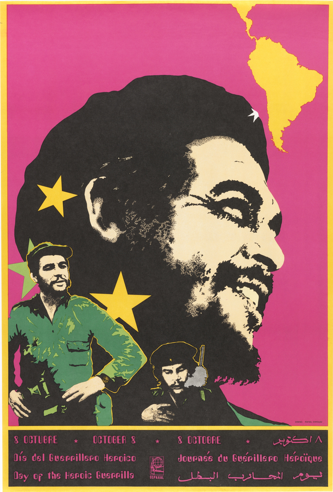 Poster, Che Guevara: Day of the H, 1970s, large photograph of Che Guevara on bright pink background with yellow stars and shape of South America