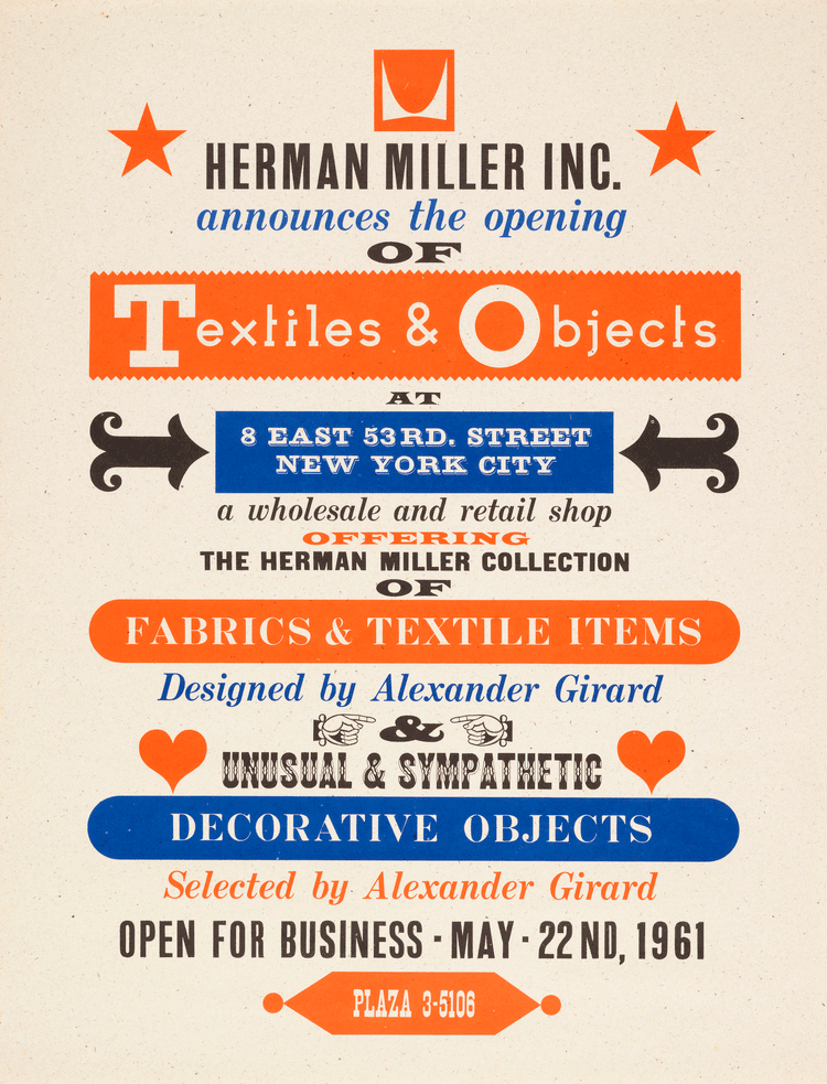 Poster announcing opening of textile shop in orange, blue, and black text in a range of fonts and styles