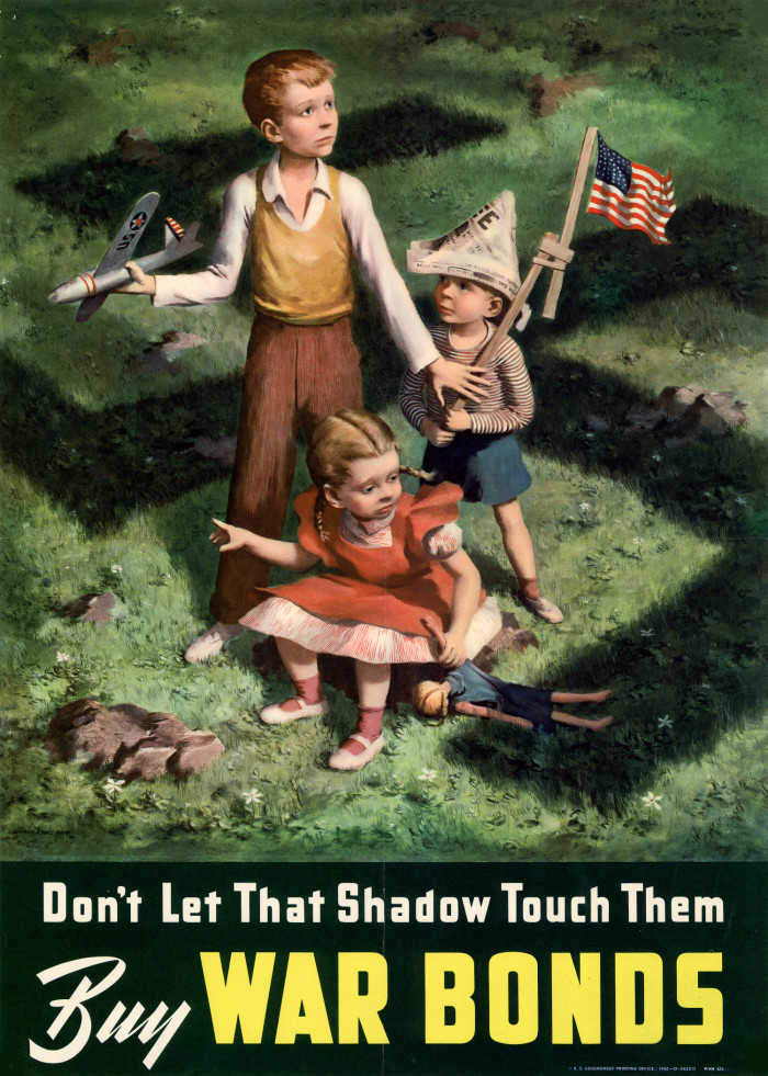 War Bonds poster, three scared children holding toy planes and flags in the shadow of a swastika
