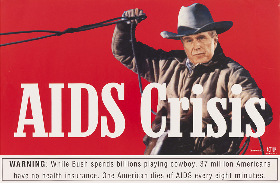 Photograph of President Bush dressed as a cowboy with "AIDS Crisis" in large white letters on red background