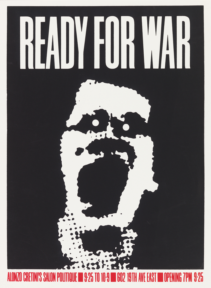 Large capital white "READY FOR WAR" and white pixelated face on black background