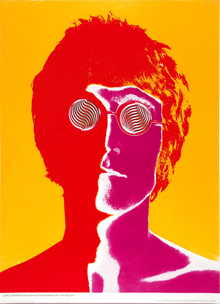 Image of John Lennon in bright pink and red with psychedelic glasses over his eyes