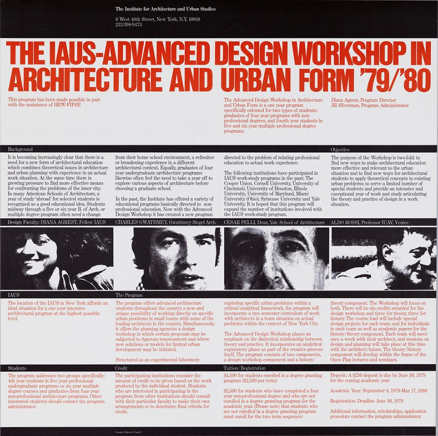 Grid with black and white photographs of people's faces and red and blue text