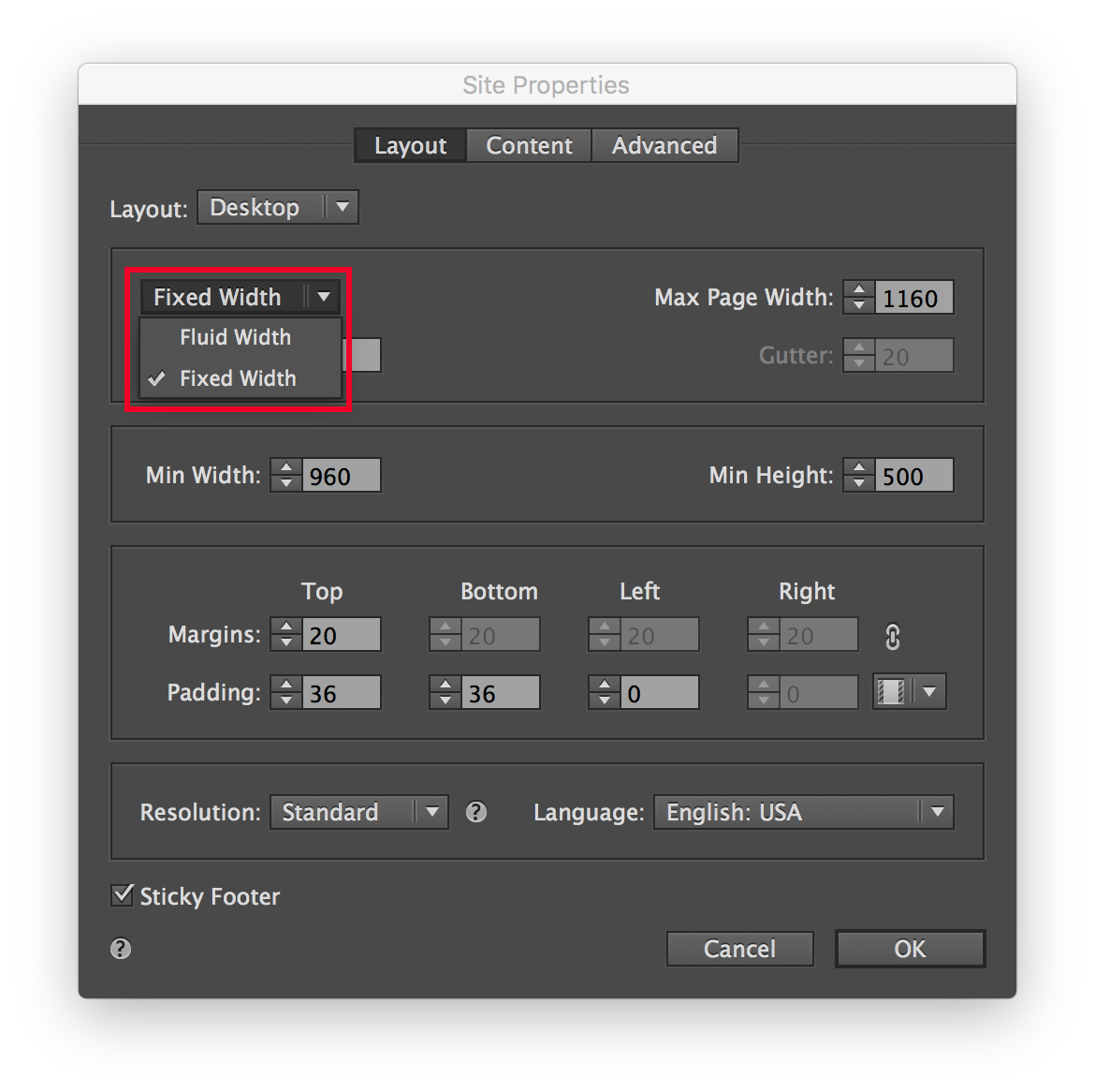Adobe Muse Site Properties