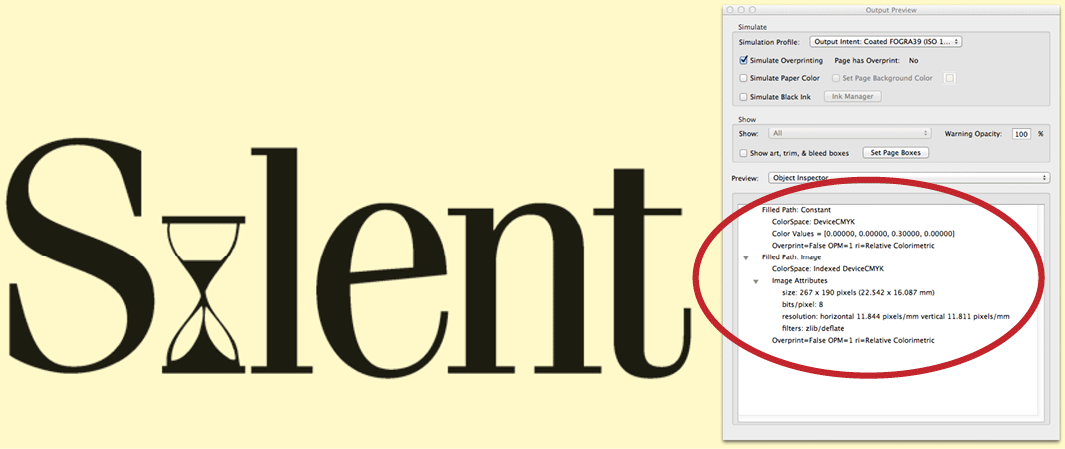 B: The output PDF in Acrobat; the image has been downsampled and converted to CMYK.