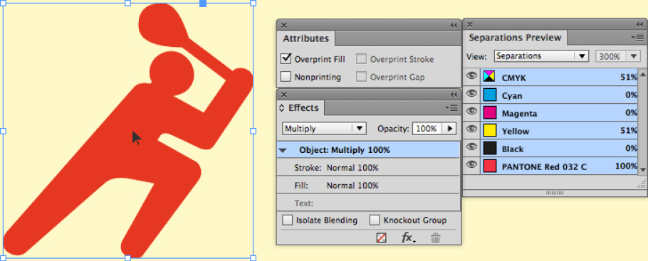 Figure 3A: A spot-color vector within InDesign with both an overprint and Multiply effect applied above a 30% yellow background. Note the position of the cursor and the separations preview values.