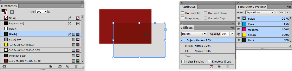 Figure 6: Reduced opacity and the Darken blend mode achieve a similar effect to using the Multiply blend mode and lowering the tint value of a swatch (as shown in Figure 5).