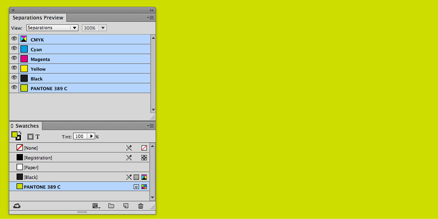 Figure 8: A demonstrates how the high-resolution preview makes it appear possible to multiply a solid fill of a spot color above a solid fill of the same spot color. B shows how it appears with Overprint Preview (or Separations Preview) turned on—and this, sadly, is how it will print or export to PDF.