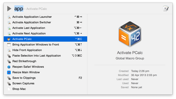Figure 2: Set macros in Keyboard Maestro and trigger them with keyboard shortcuts.