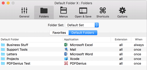 Figure 4: Assign a default folder for each application with Default Folder X.