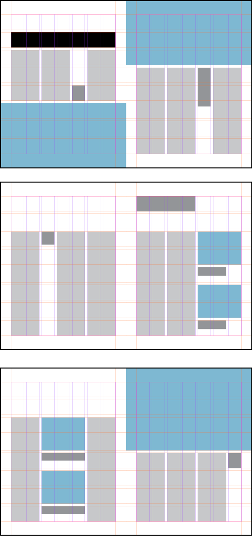 Figure 9: Permutations of a 7-column layout, shifting the position of the “white space” column for variety. Using a grid ensures that the space around the elements is consistent.