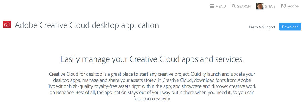 Creative Cloud Desktop App download page